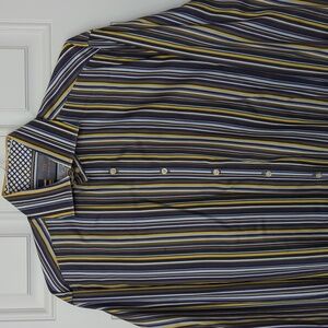 Thomas Dean cotton dress shirt L navy blue yellow white stripe